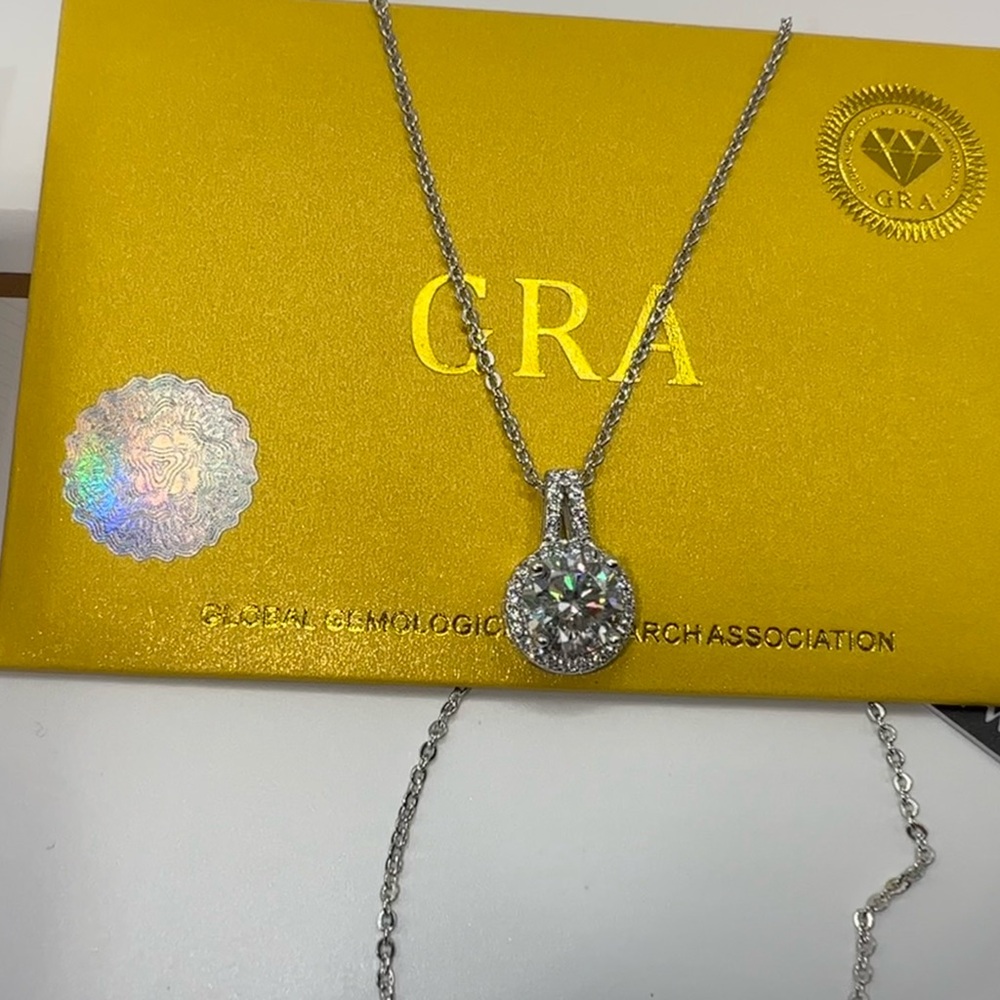 2 CT MOISSANITE Round Halo Crystal Pendant Necklace in Silver - Sparkling White
